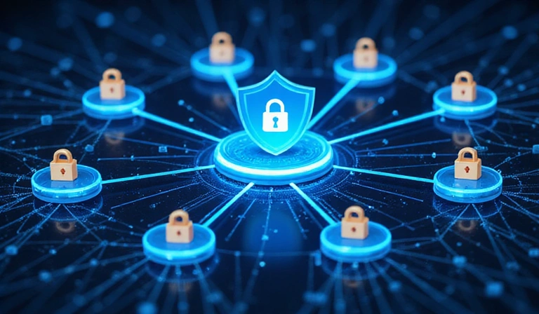 Ilustración de una red de datos protegida por un firewall y un escudo, con candados y señales de seguridad.